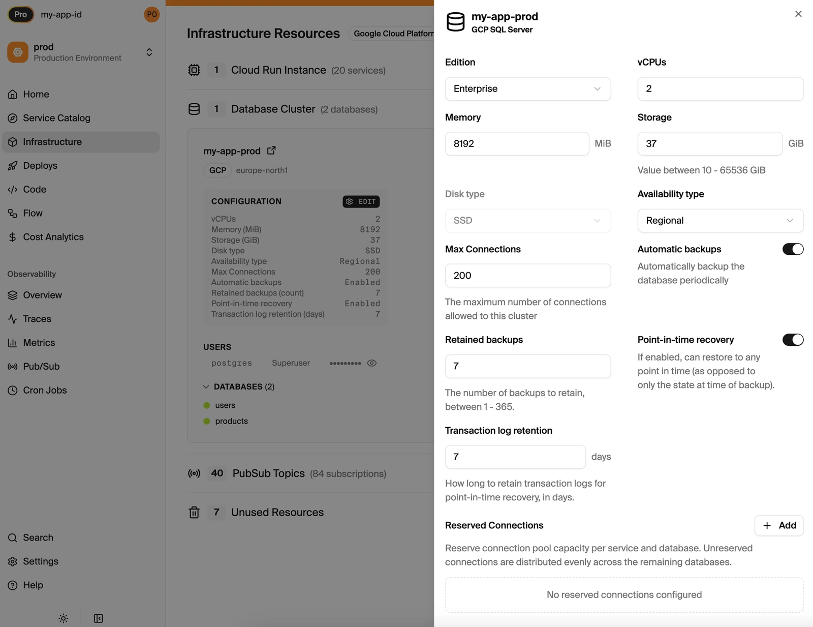 Configuring infrastructure in the Encore dashboard