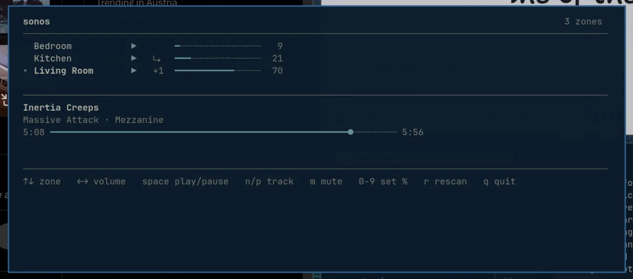 A terminal-style Sonos controller showing three zones, playback controls, volume levels, and the currently playing track.